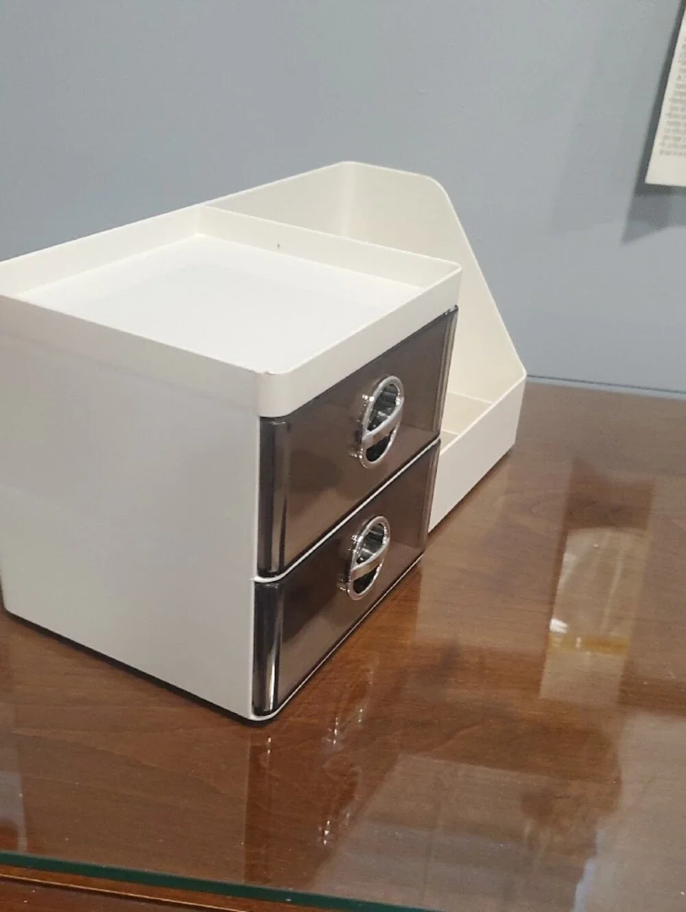 White Makeup Organizer with Smoke Drawers and Divided Compartments